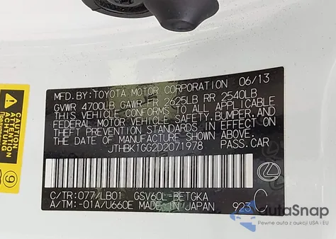 2013 Lexus Es 350 из США, поврежденный, VIN JTHBK1GG2D2071978